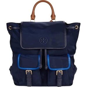Tory Burch Navy Backpack with Brown Top Handles and Blue Trim